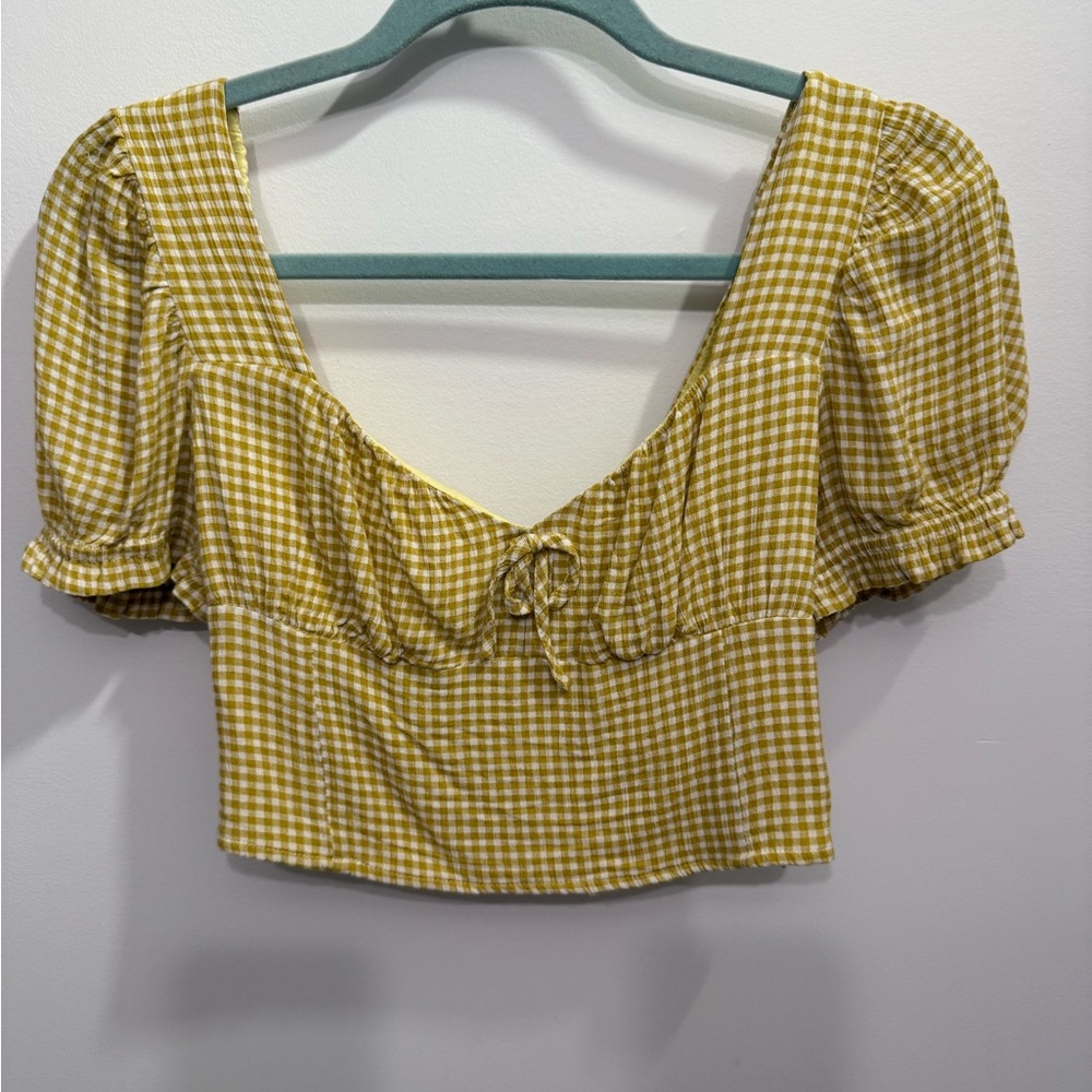 Golden Yellow Gingham Puff Sleeve Crop Top